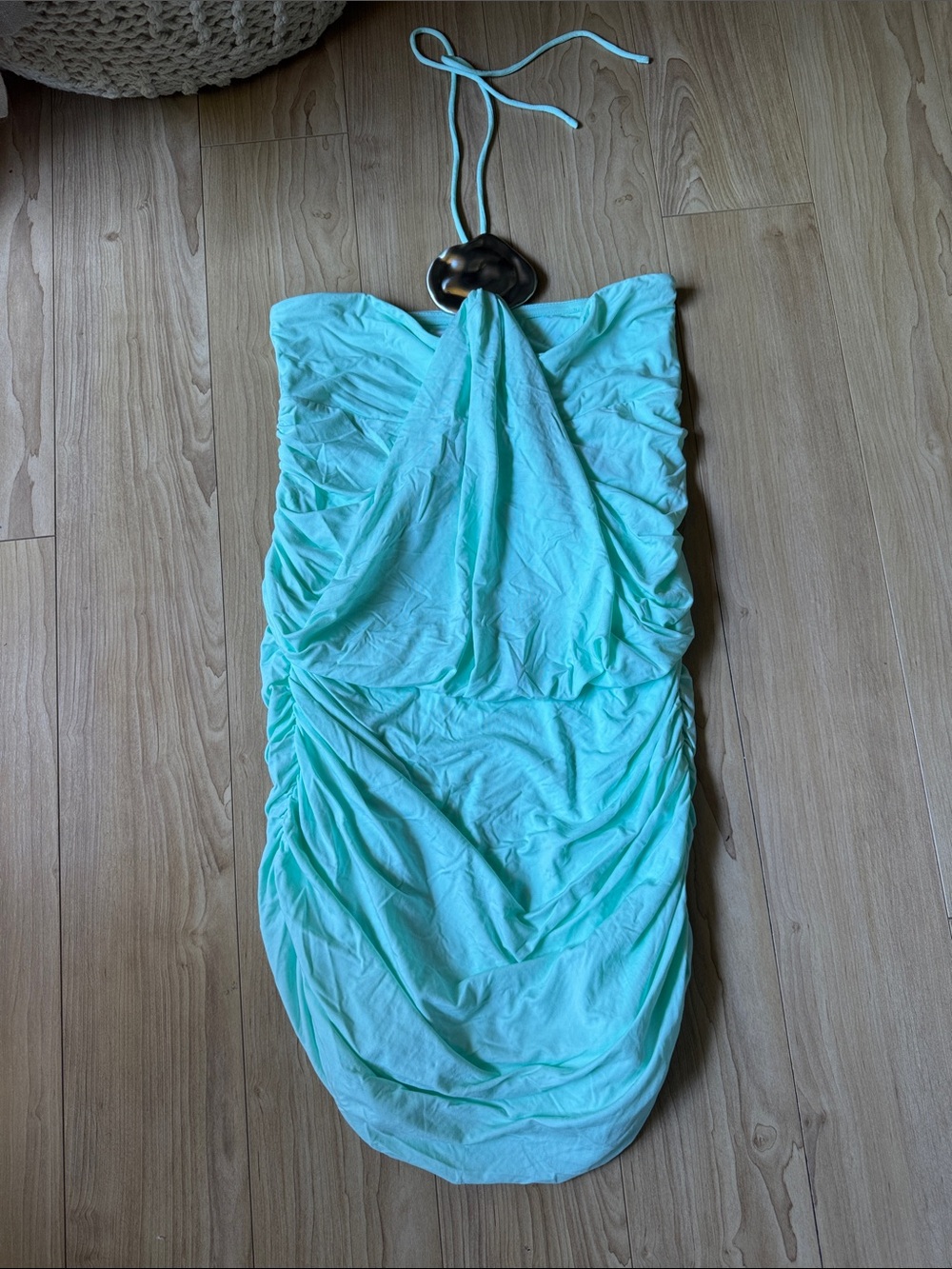 Meshki Aqua Halter Ruched Slip Dress